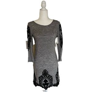 Charming Charlie grey sweater dress with black embroidery on sleeves and bottom